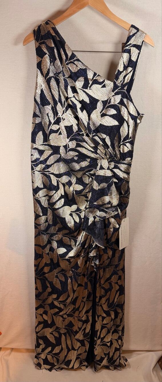 Adrianna Papell Foil Asymmetric Gown Size 18 Navy Gold Metallic NWT